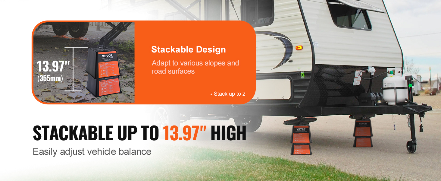 VEVOR trailer jack block, stackable up to 13.97 inches high, stabilizing a camper on diverse surfaces.