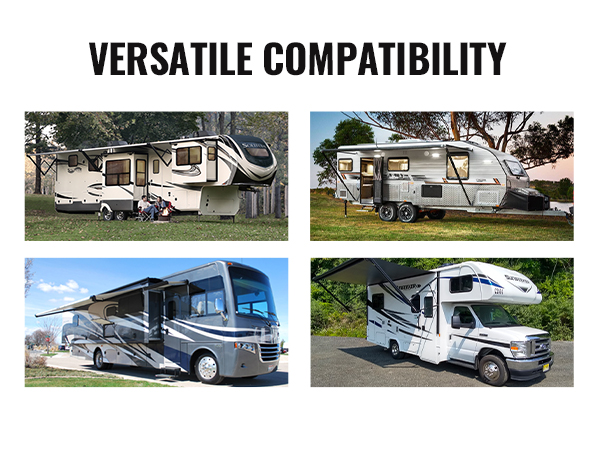 rvs and trailers of various types parked outdoors, showcasing VEVOR trailer jack block's versatile compatibility.