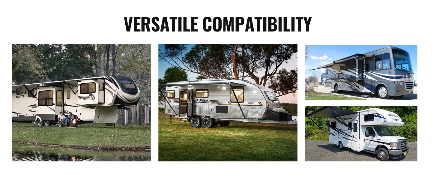 rvs and trailers of various types parked outdoors, showcasing VEVOR trailer jack block's versatile compatibility.
