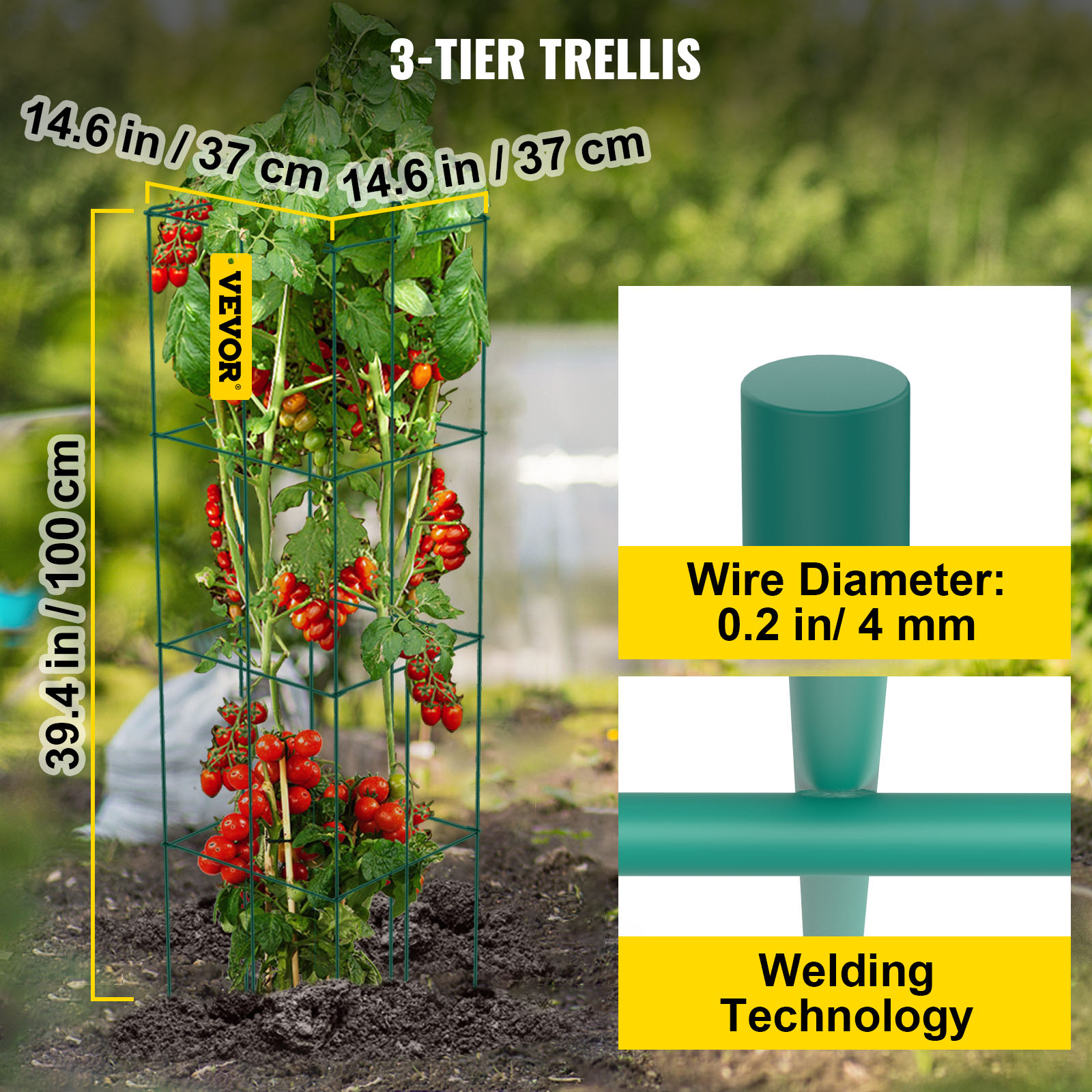 VEVOR tomātu būri 3 līmeņu režģis ar stieples diametru un metināšanas detaļām.