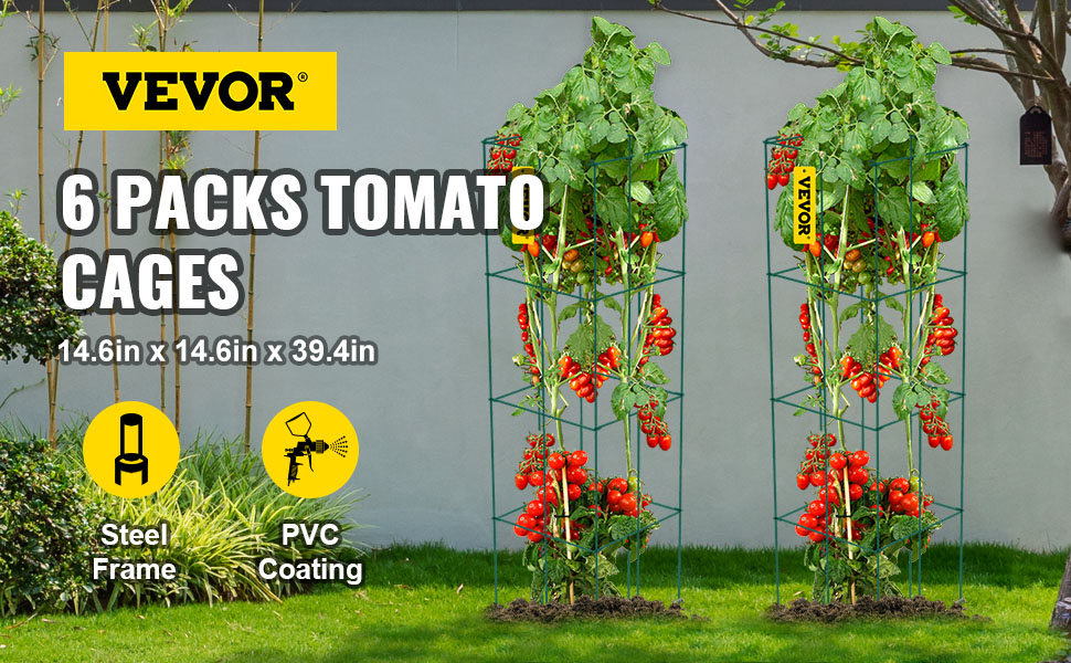 VEVOR tomato cages 6 packs, 14.6in x 14.6in x 39.4in, steel frame with pvc coating.