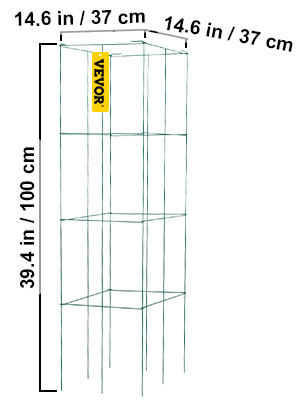 metal VEVOR tomato cages with dimensions 39.4 in x 14.6 in for garden support.
