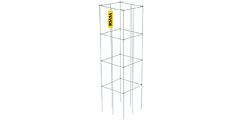 tall metal VEVOR tomato cages with multiple tiers and a branded yellow tag
