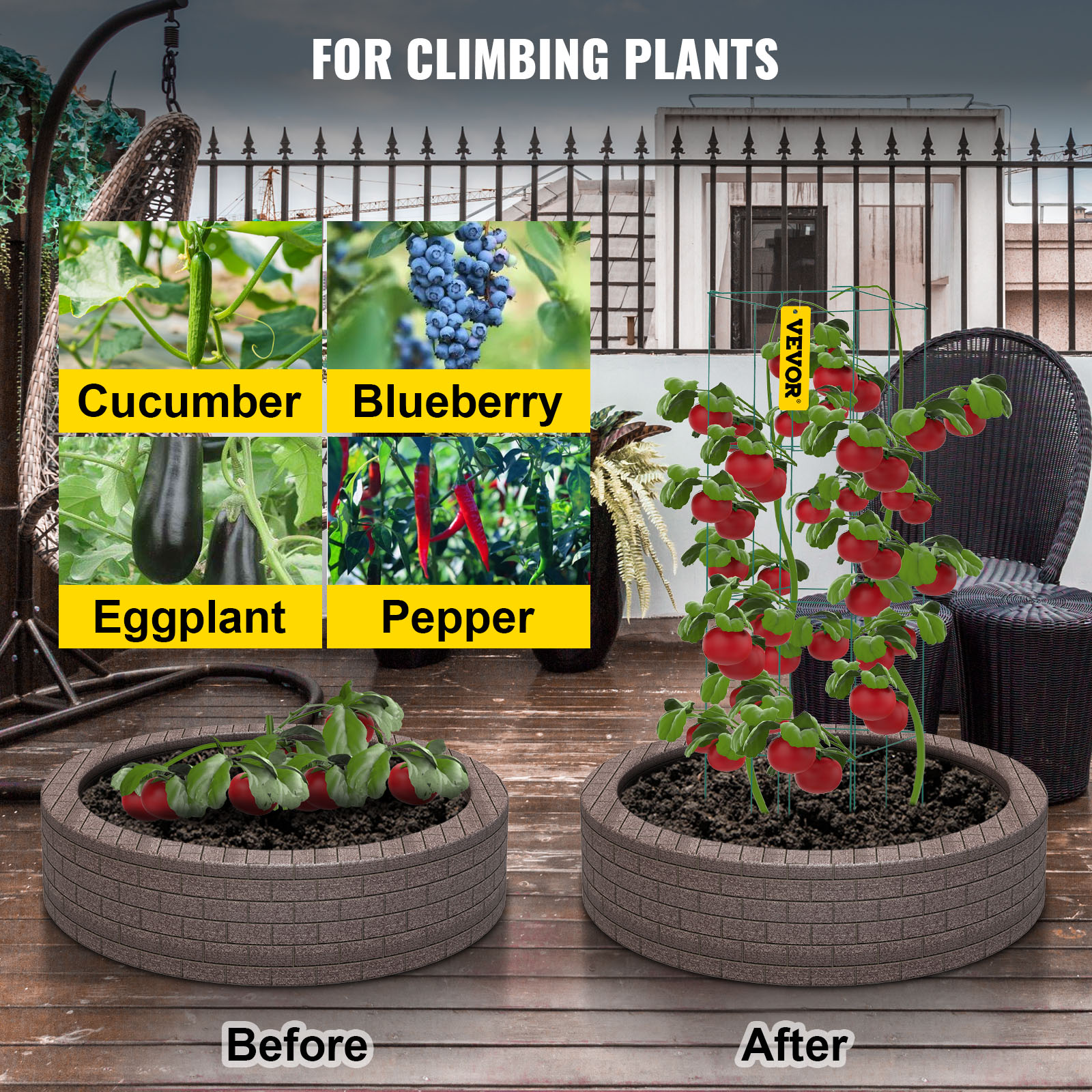 VEVOR tomato cages showcasing before and after plant growth transformation for climbing plants.