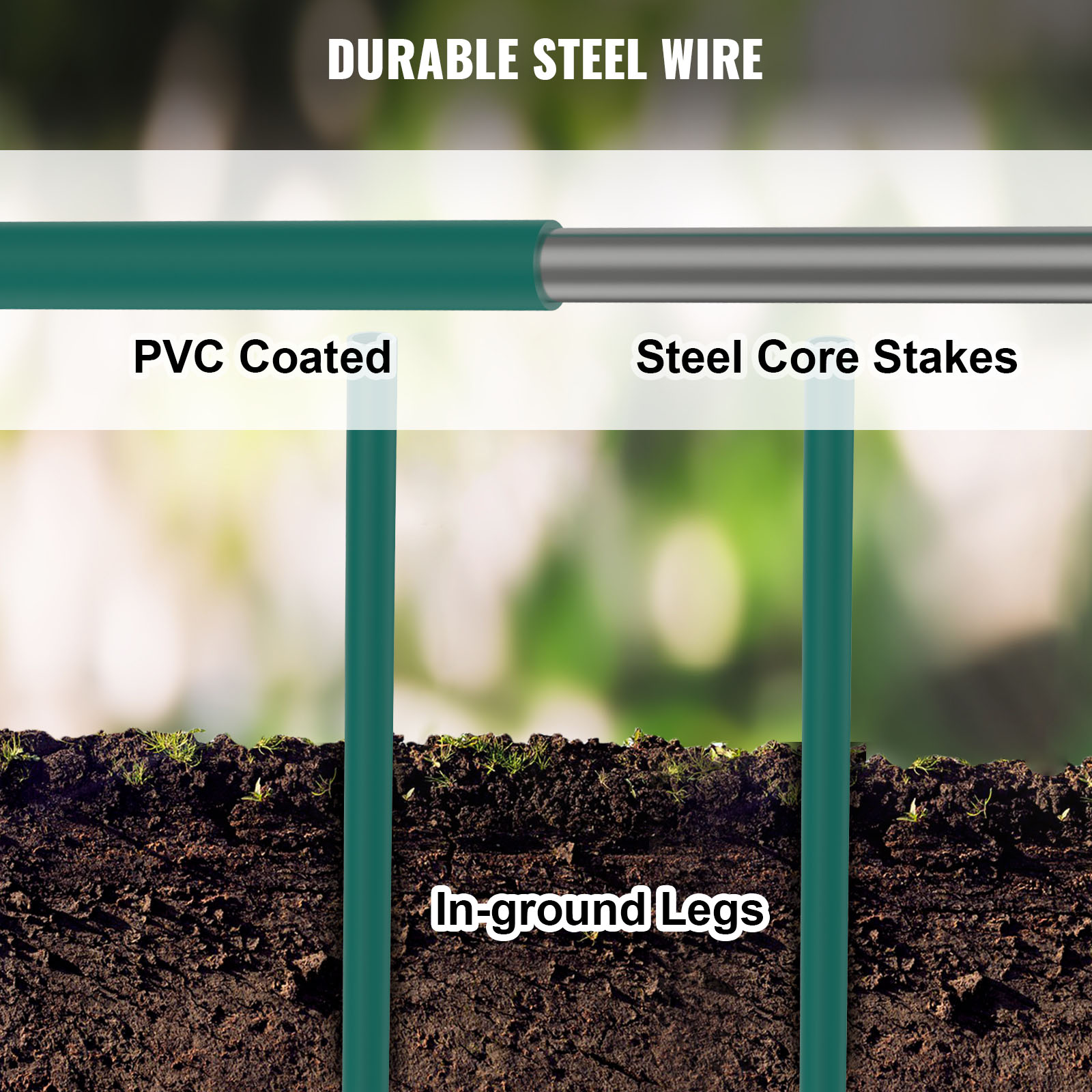 durable VEVOR tomato cages with pvc-coated steel core stakes and in-ground legs.