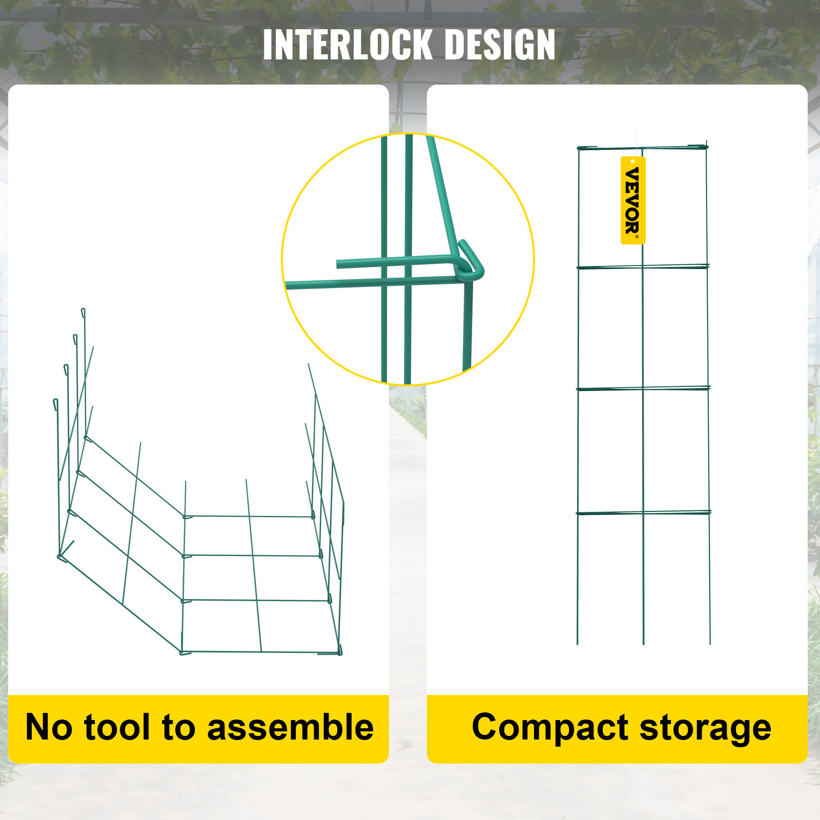 VEVOR tomato cages with interlock design; no tools needed, easy assembly, compact storage.
