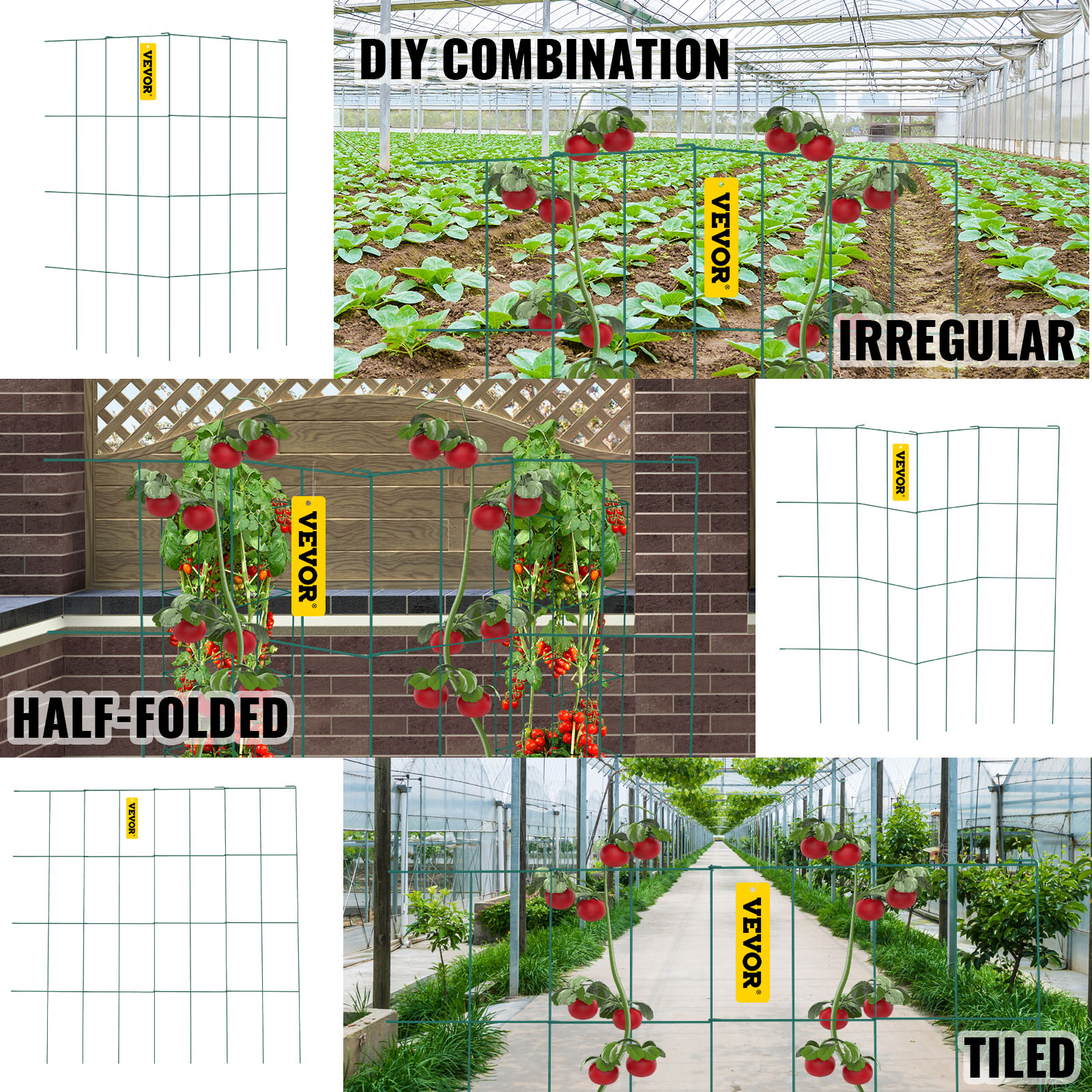VEVOR tomato cages supporting tomato plants in various gardening arrangements.