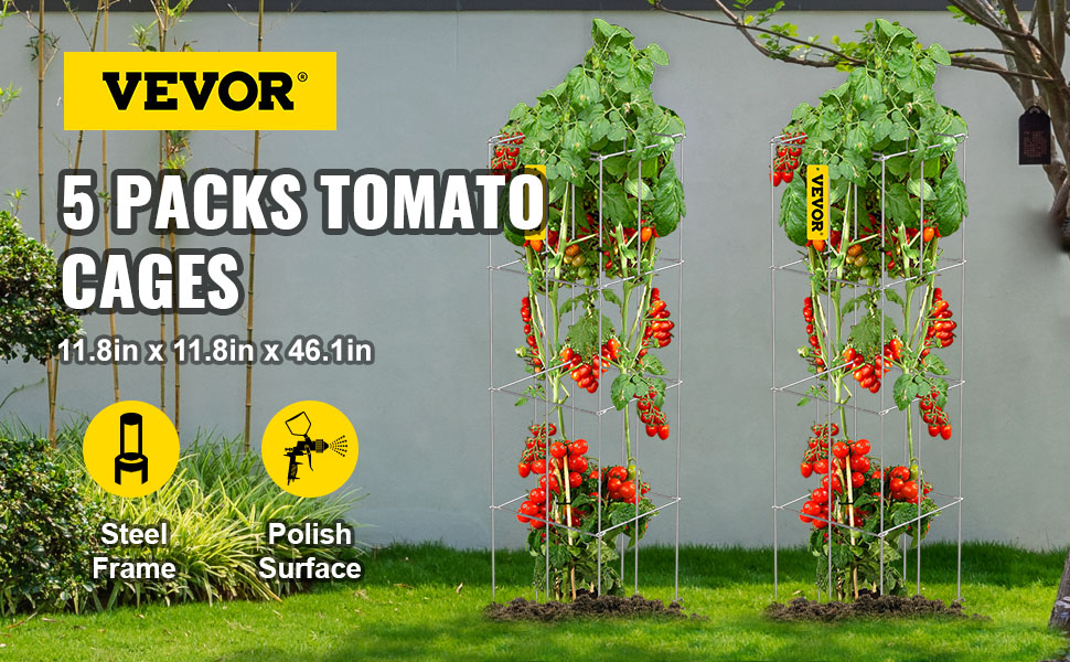 VEVOR tomato cages, 5 packs with steel frame, polish surface, and lush tomato plants.