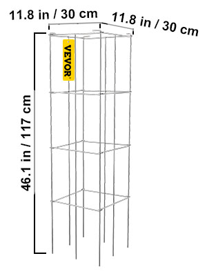 VEVOR tomato cages measuring 46.1 inches tall, 11.8 inches wide.
