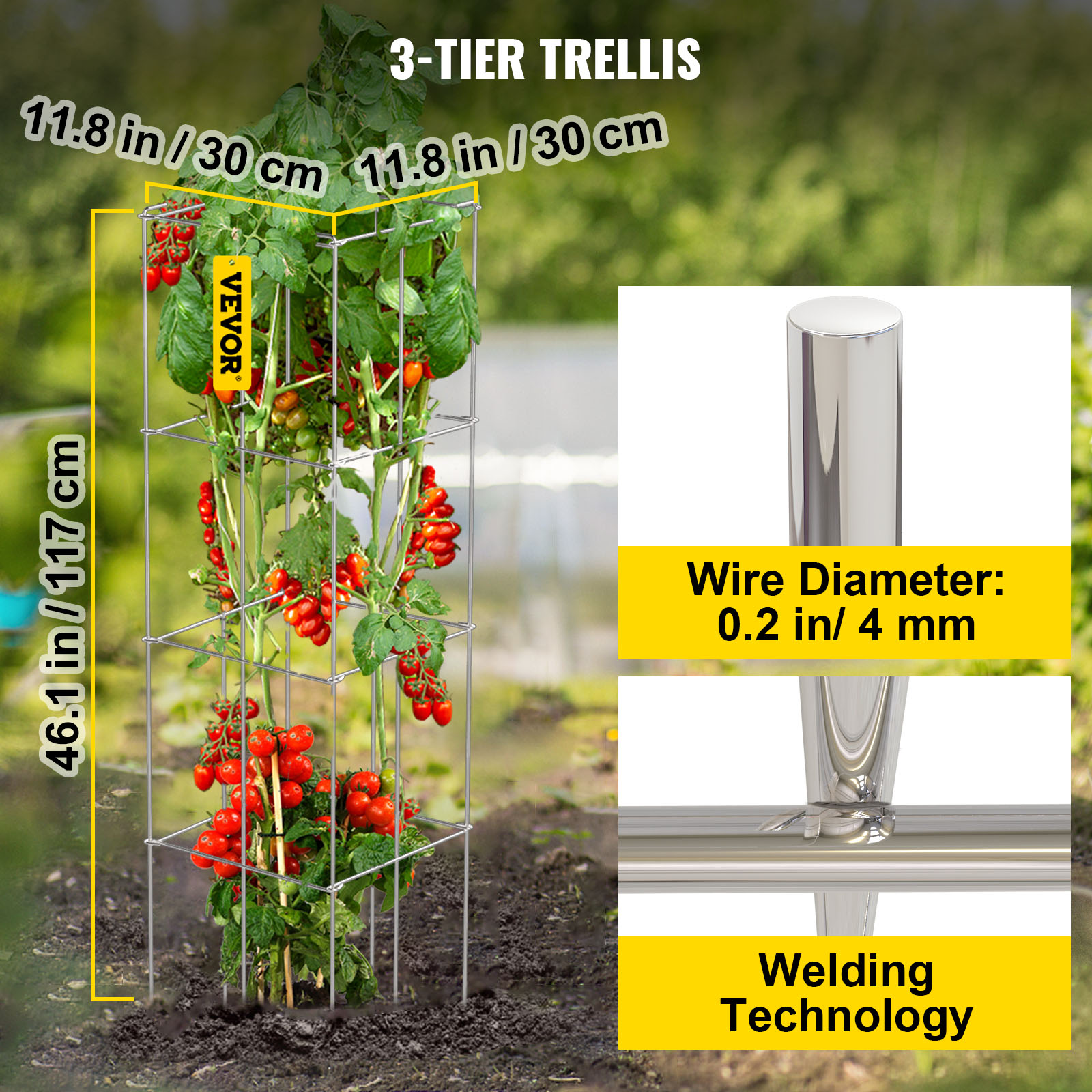 VEVOR tomato cages 3-tier trellis with 4mm wire diameter, dimensions 46.1in x 11.8in.
