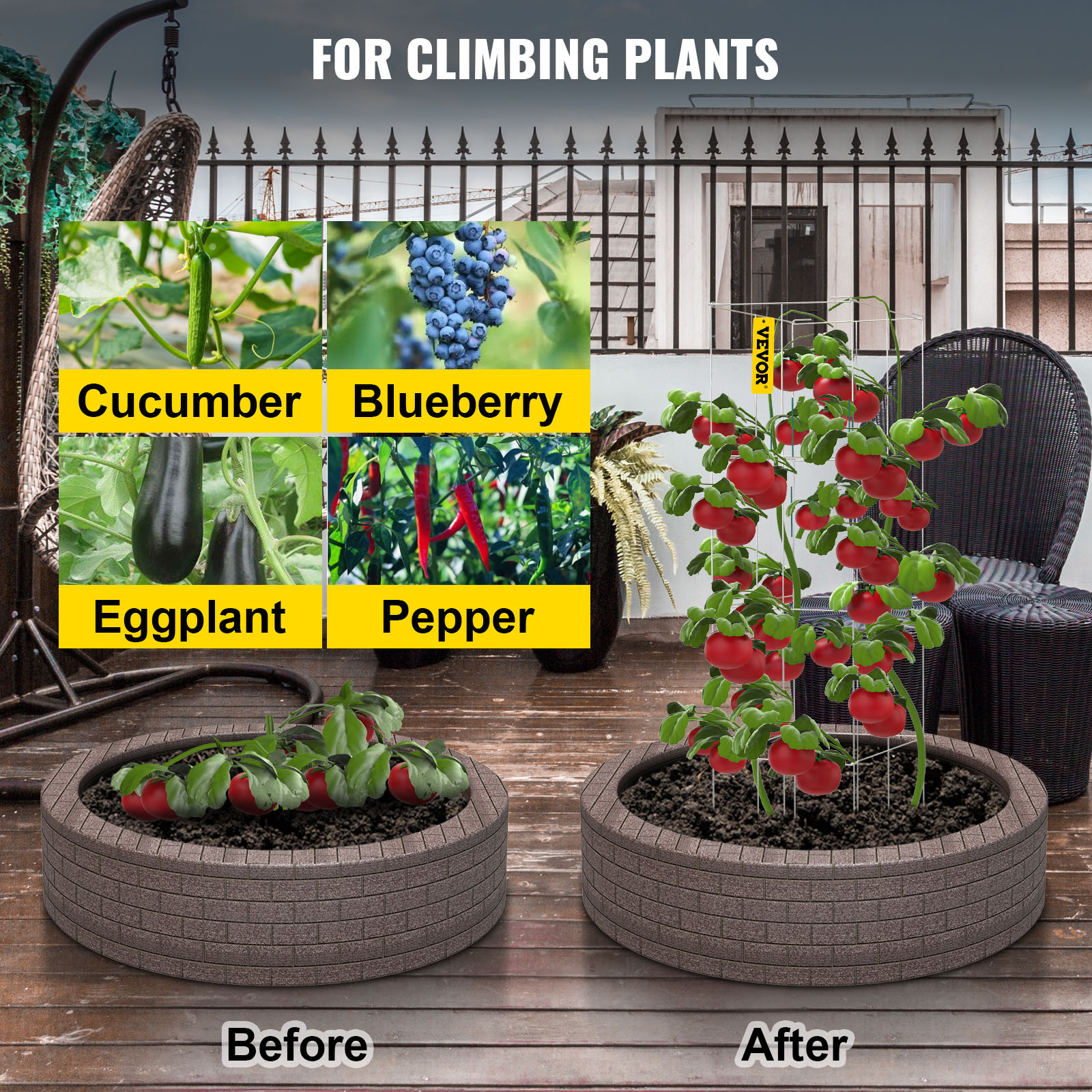 VEVOR tomato cages for climbing plants, before and after in garden planters.