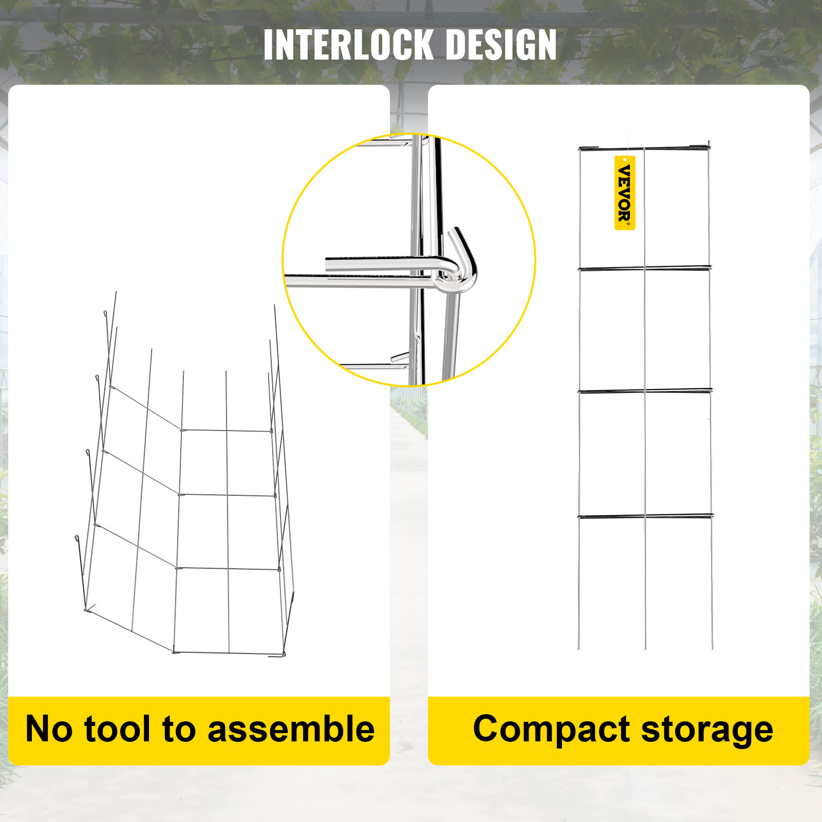 VEVOR tomato cages with interlock design; no tools needed, compact storage solution.
