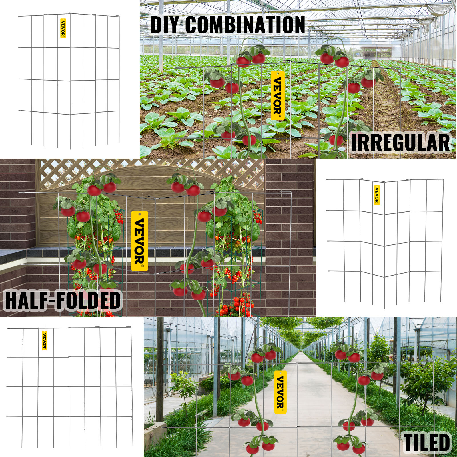 VEVOR tomato cages in various configurations supporting tomato plants in greenhouses.
