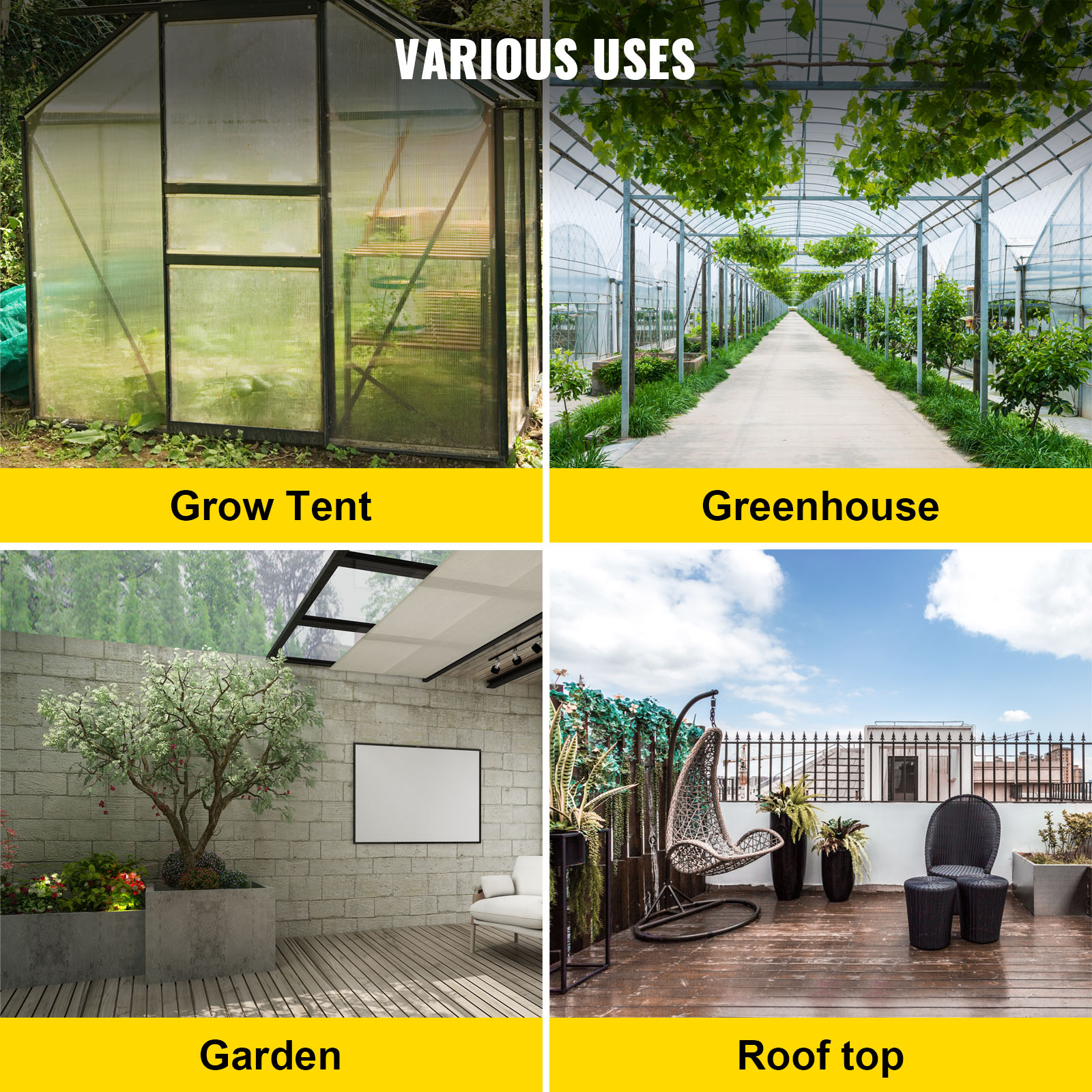 various uses of VEVOR tomato cages: grow tent, greenhouse, garden, and rooftop.