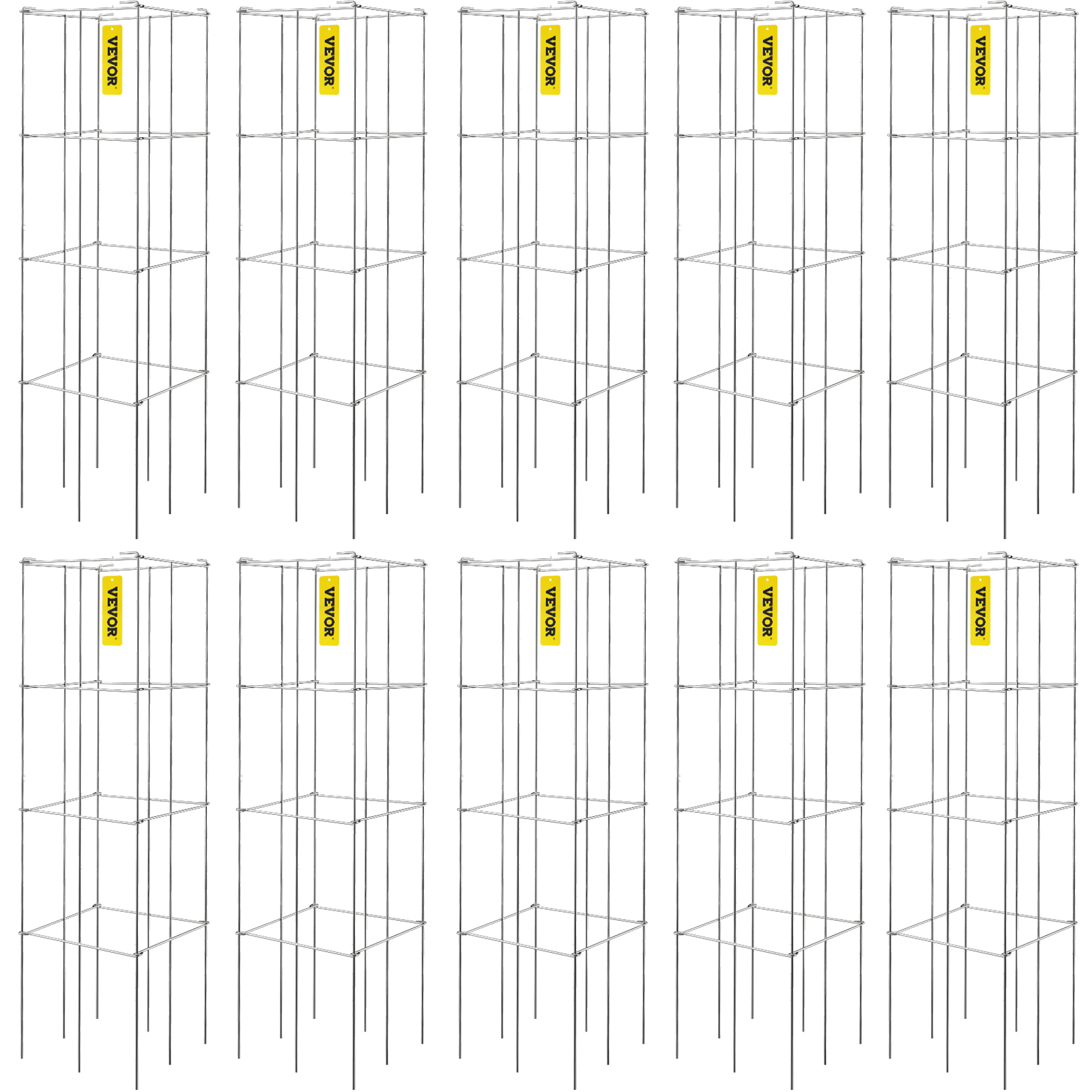 10 VEVOR tomato cages in a grid layout with yellow labels.