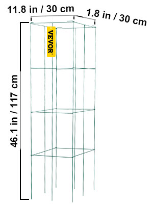 VEVOR tomato cages, 117 cm tall, 30 cm wide, with three levels and robust metal frame.
