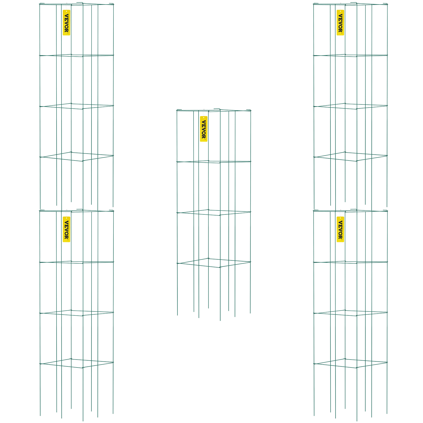 five VEVOR tomato cages, arranged in a grid. each cage has a yellow logo.