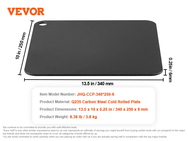 VEVOR pizza steel, q235 carbon steel, 13.5x10x0.25 in, black, 8.38 lb, model jhq-ccp-340*250-6