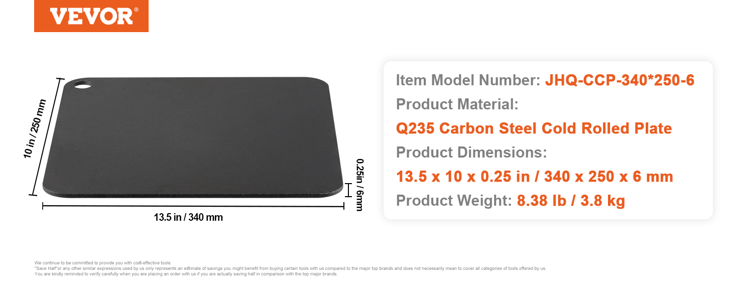 VEVOR pizza steel, q235 carbon steel, 13.5x10x0.25 in, black, 8.38 lb, model jhq-ccp-340*250-6