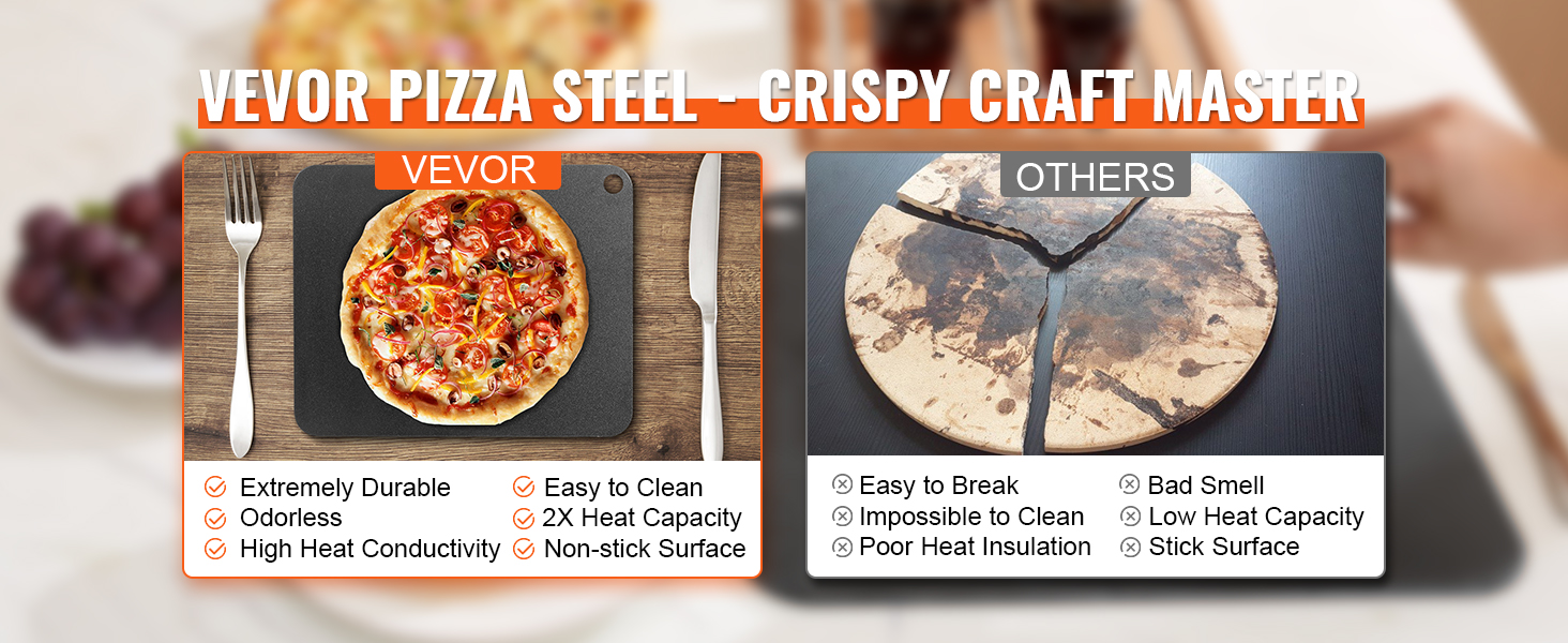 VEVOR pizza steel vs others: durable, odorless, high heat conductivity, easy to clean, non-stick surface