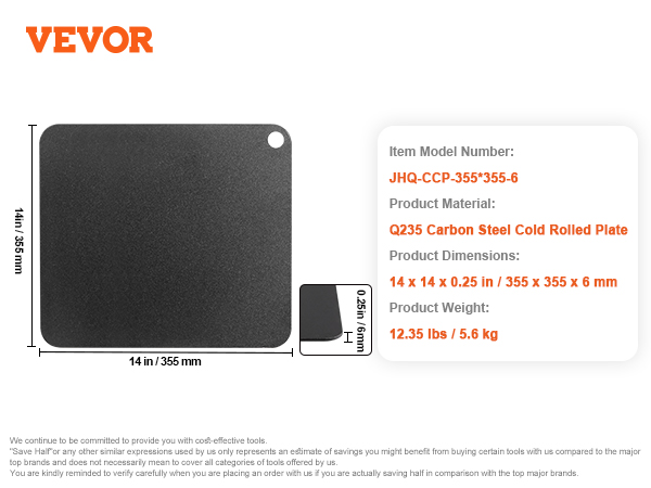 VEVOR pizza steel, q235 carbon steel plate, 14x14x0.25 inches, 12.35 lbs.