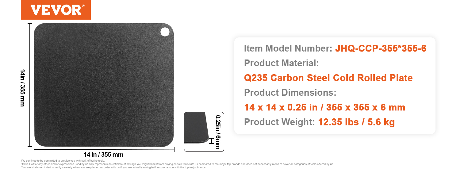 VEVOR pizza steel, q235 carbon steel plate, 14x14x0.25 inches, 12.35 lbs.