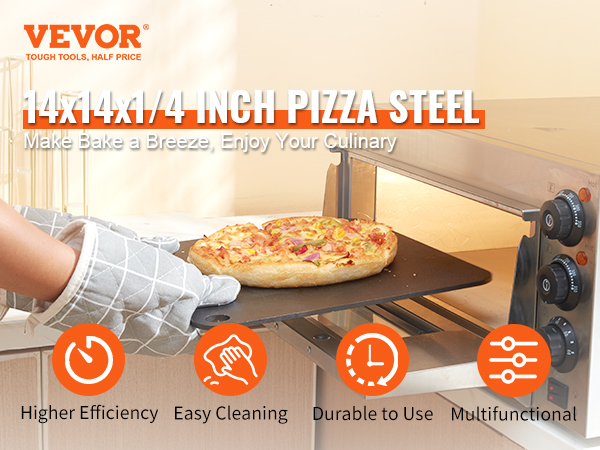 VEVOR pizza steel 14x14x1/4 inch in use, showing efficiency and durability, easy cleaning, multifunctional.