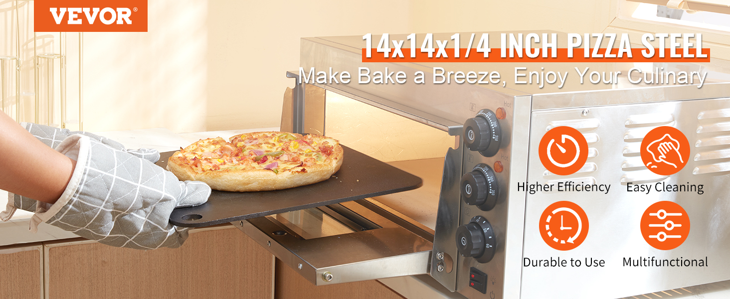 VEVOR pizza steel 14x14x1/4 inch in use, showing efficiency and durability, easy cleaning, multifunctional.