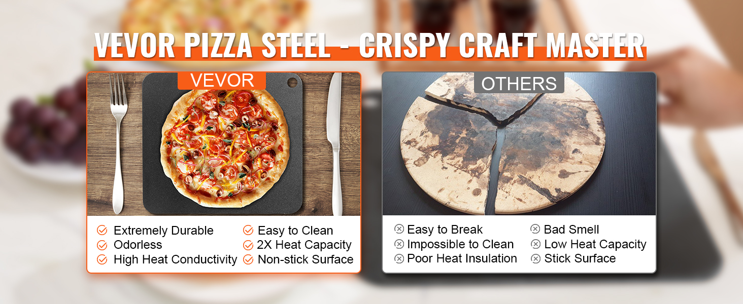 comparison of VEVOR pizza steel and traditional pizza stone with pros and cons listed.