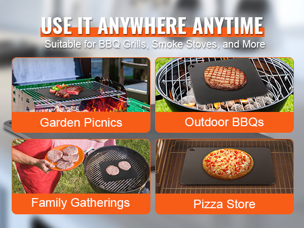 VEVOR pizza steel on bbq grills, smoke stoves, garden picnics, outdoor bbqs, and family gatherings.