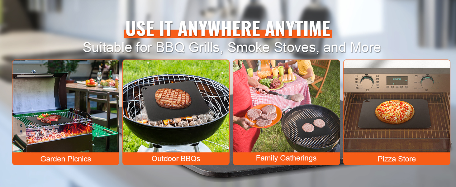 VEVOR pizza steel on bbq grills, smoke stoves, garden picnics, outdoor bbqs, and family gatherings.