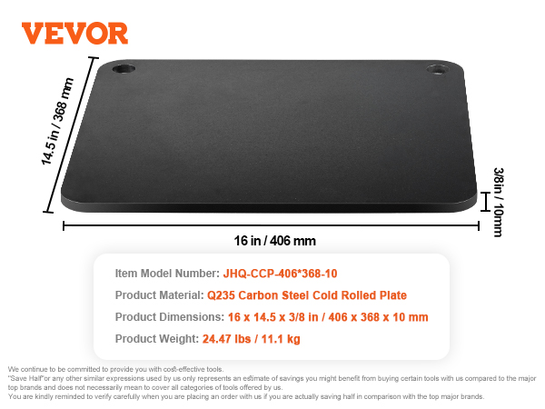 VEVOR pizza steel, q235 carbon steel plate, 16"x14.5"x3/8", weighs 24.47 lbs.