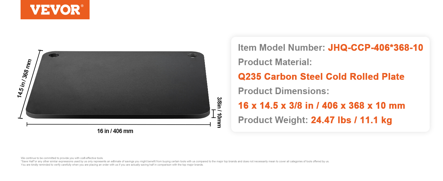 VEVOR pizza steel, q235 carbon steel plate, 16"x14.5"x3/8", weighs 24.47 lbs.