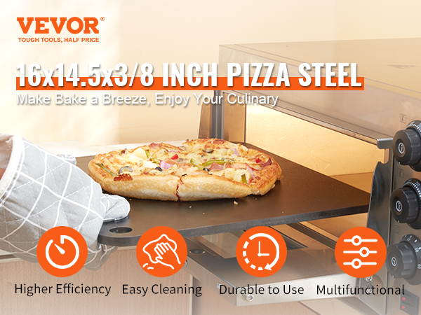 VEVOR pizza steel in oven with freshly baked pizza, featuring efficiency, durability, easy cleaning.