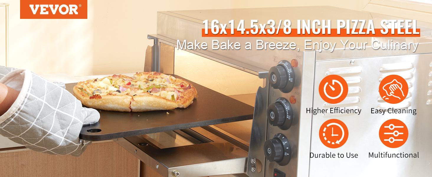 VEVOR pizza steel in oven with freshly baked pizza, featuring efficiency, durability, easy cleaning.