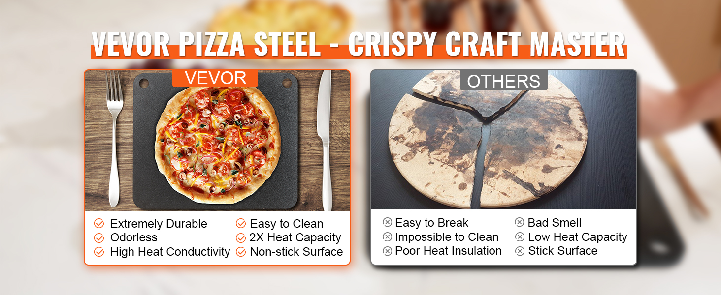 VEVOR pizza steel comparison: durable, odorless, easy to clean, high heat capacity vs. cracked, smelly pizza stone.