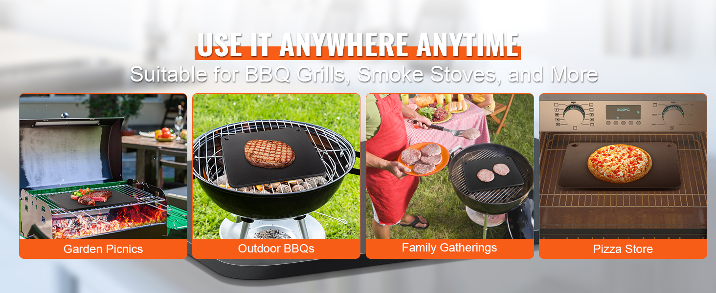 VEVOR pizza steel used on bbq grill, smoke stove, for garden picnics, outdoor bbqs, family gatherings.