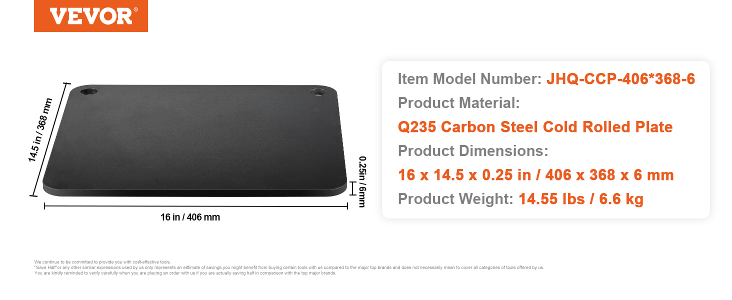 VEVOR pizza steel, q235 carbon steel, 16x14.5x0.25in, 14.55lbs.