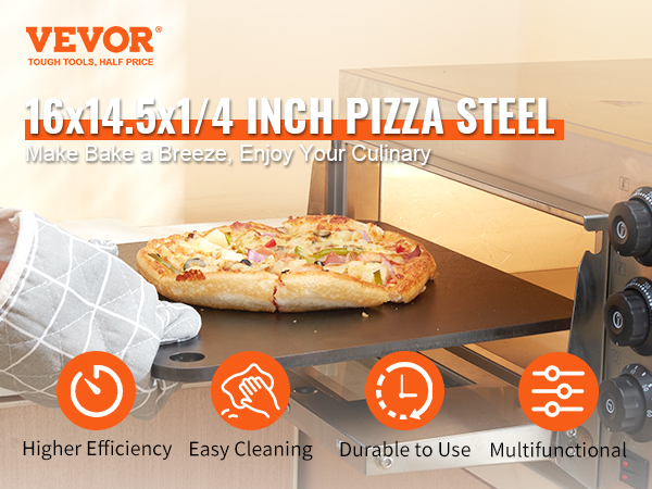VEVOR pizza steel in use, baking a fresh pizza with higher efficiency, easy cleaning, and multifunctional features.