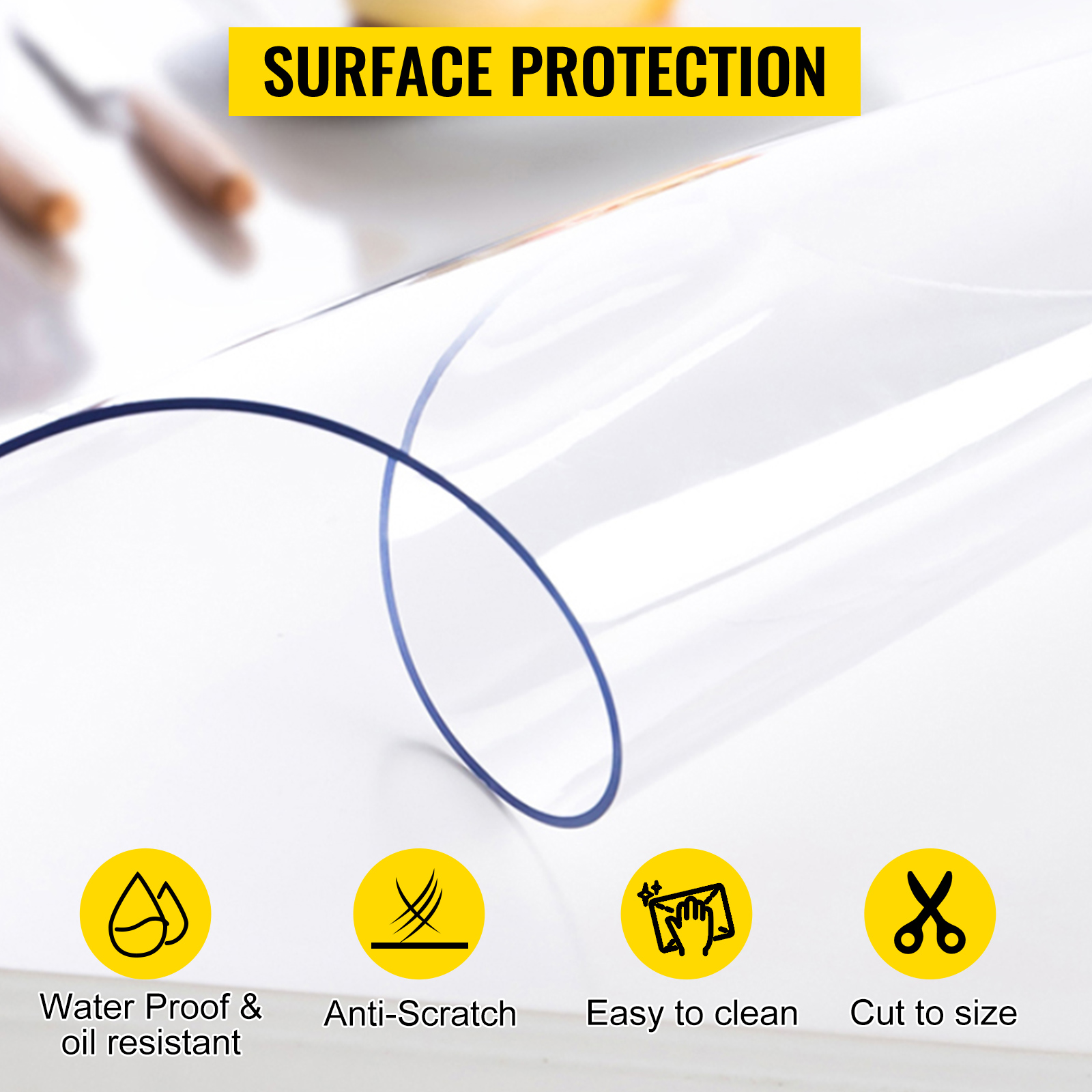 VEVOR clear table protector showcasing surface protection, waterproof, anti-scratch, easy to clean, cut to size.