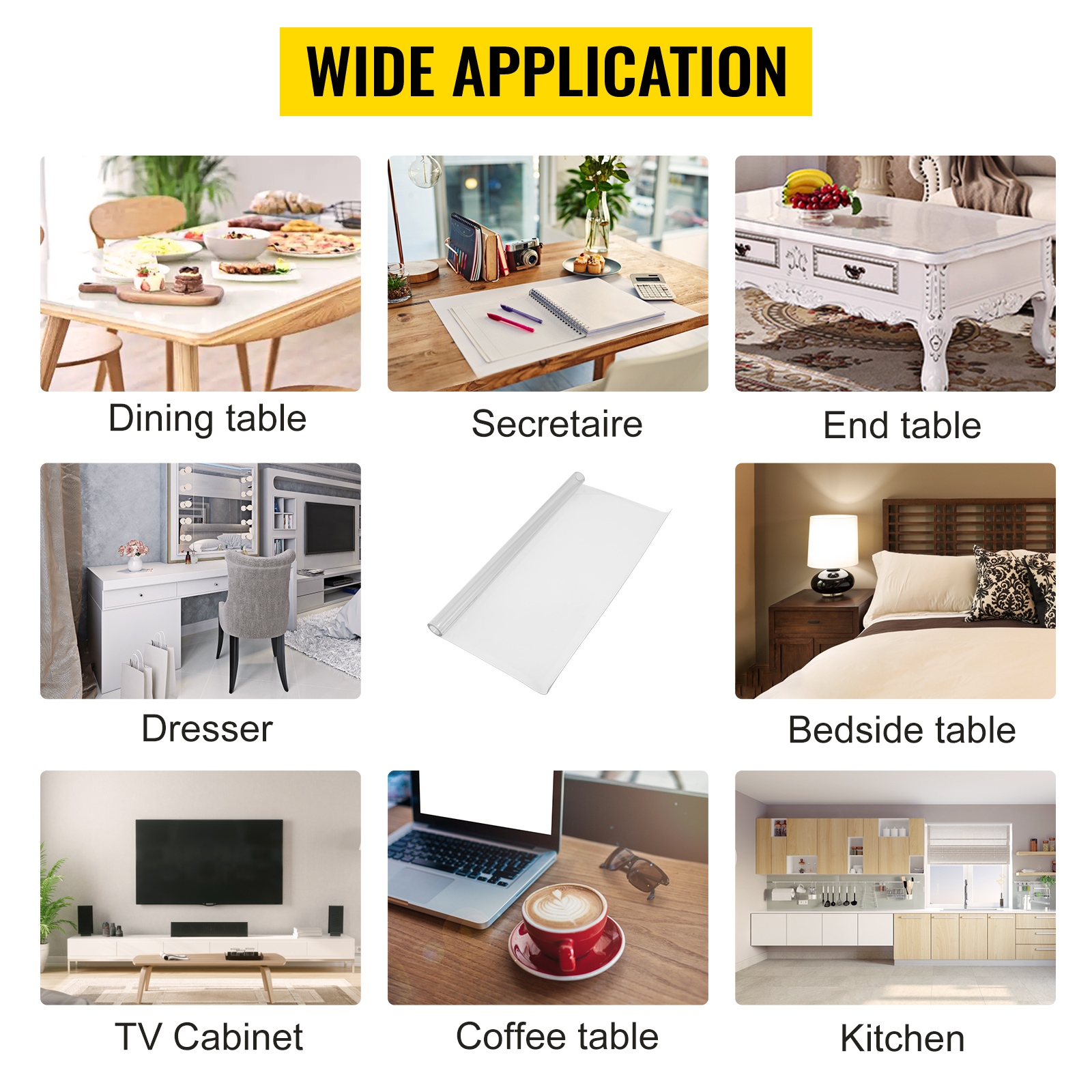 wide application: VEVOR clear table protector for dining tables, secretaires, end tables, dressers, and more.