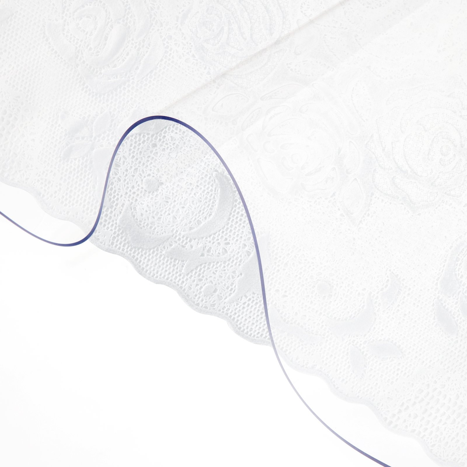 VEVOR plastic table cover with floral embossing in white color and scalloped edges against a white background.