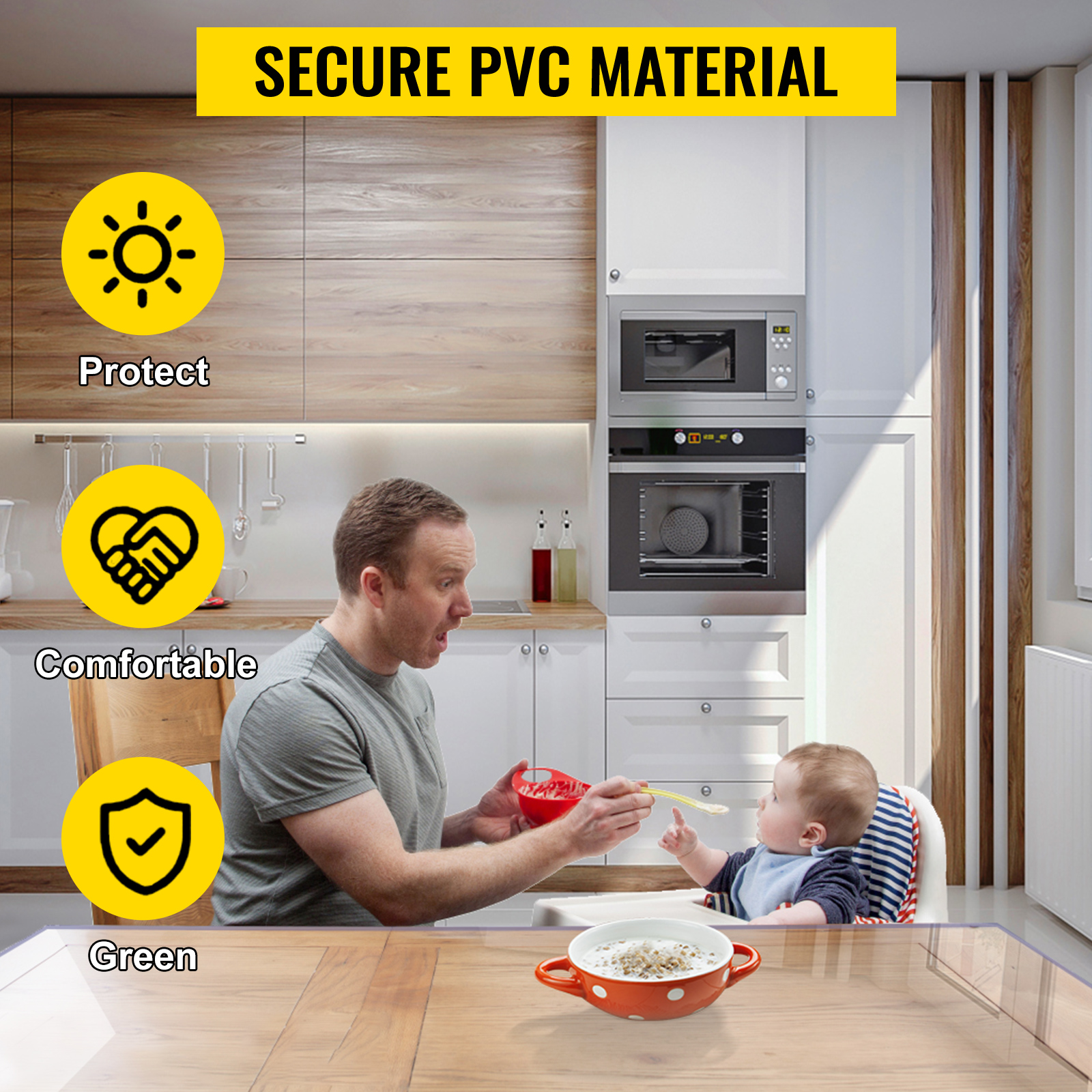 VEVOR plastic table cover, secure pvc material, kitchen setting, protect, comfortable, green options.