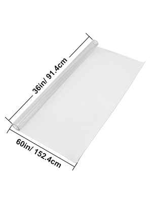 caurspīdīgs VEVOR plastmasas galda pārklājs, izmēri ar marķējumu 36in/91,4cm x 60in/152,4cm, vienā pusē sarullēts.