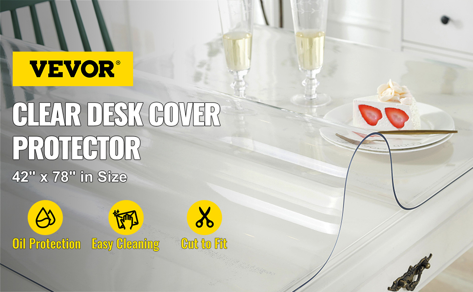 VEVOR clear table protector on white desk with strawberries and two glasses. oil protection and easy cleaning.