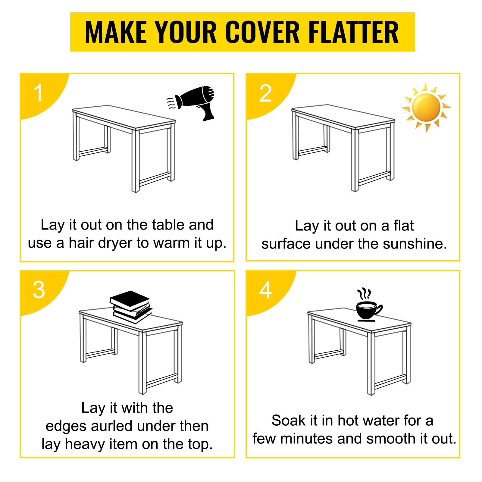 steps to flatten your VEVOR clear table protector: warm with a hair dryer, sunbathe, weigh down, hot water.