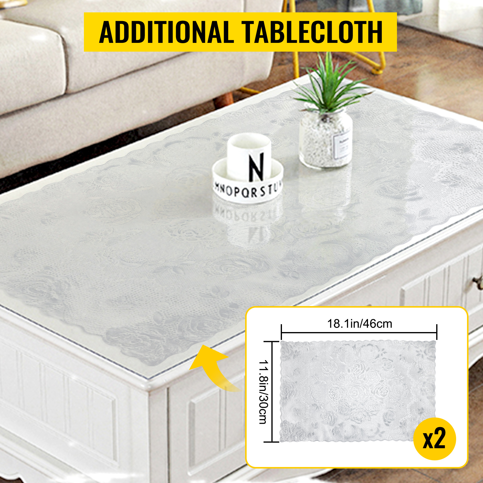 VEVOR clear table protector on a white coffee table with decor, highlighted additional tablecloth.