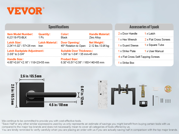 VEVOR passage door handle with specifications and included accessories, sleek black zinc alloy design.