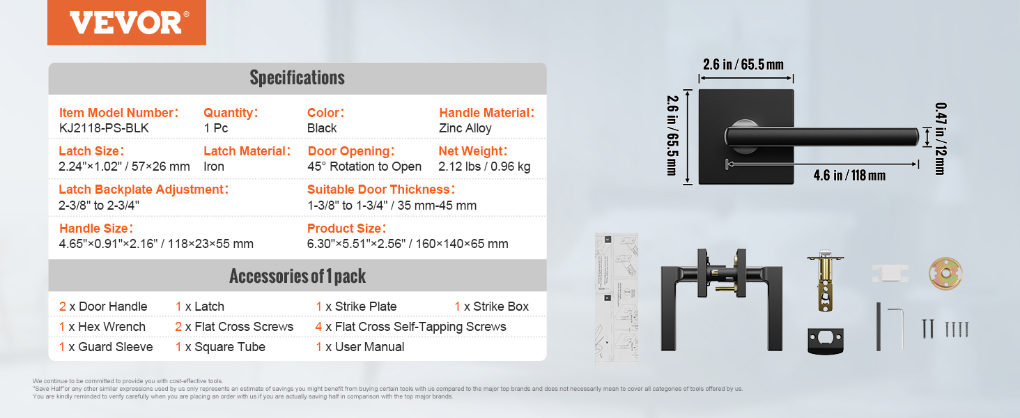 VEVOR passage door handle with specifications and included accessories, sleek black zinc alloy design.