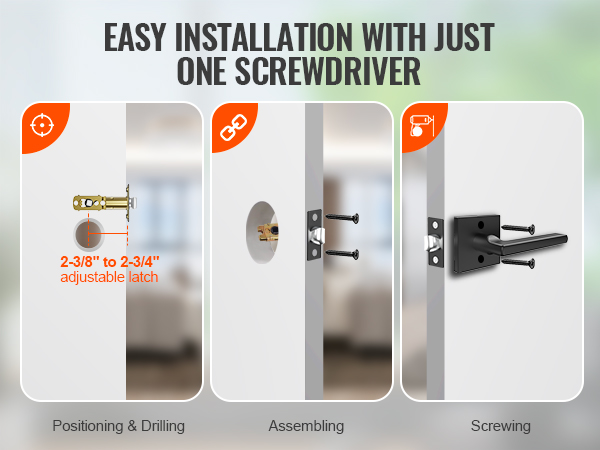 installation steps for VEVOR passage door handle: positioning, assembling, screwing with adjustable latch.